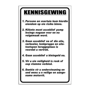Kennisgewing – Garage Rules (Afrikaans) sign B33