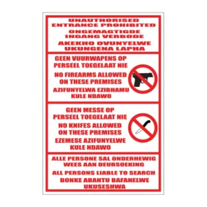Not Allowed – Firearms, Alcohol, Knives sign S8