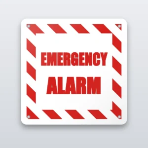 Emergency alarm sign with red and white border