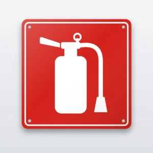 Fire extinguisher safety sign, white symbol on red